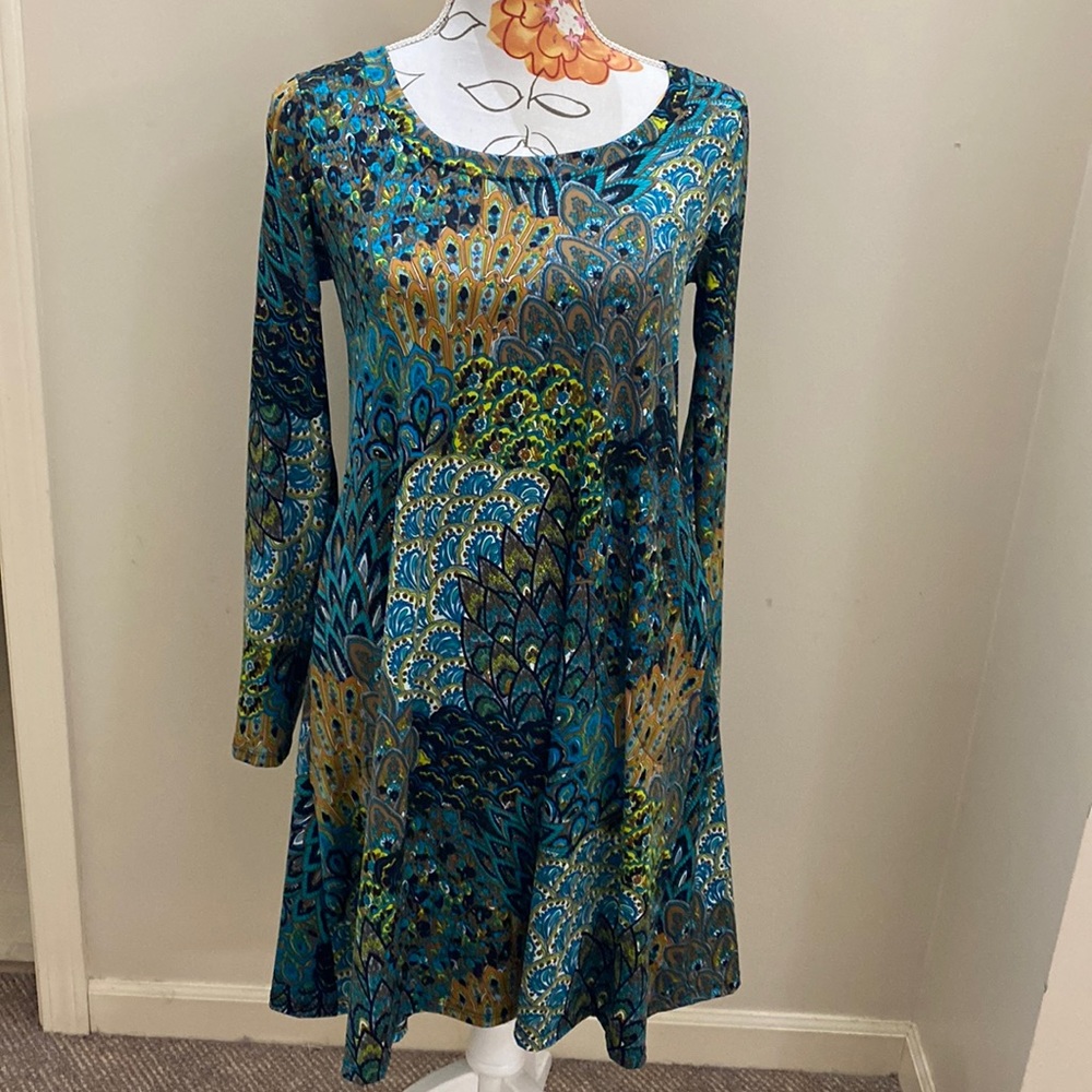 Hand Jive Long-Sleeve Peacock Dress XS